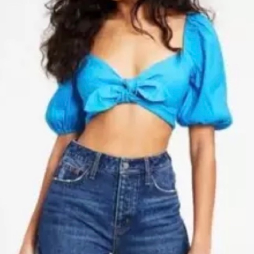 Leyden Women Smocked Tie-Front Crop Top Blue Size Large